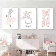 Pink Poster Flower Ballet Girl Custom Name Wall Art Poster Nursery Canvas Print Painting Nordic Picture Baby Room Decor 30x40cm3PCS Noframe