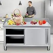 YUGXTH Stainless Steel Commercial Work Table, Heavy Duty Prep Worktable with Sliding Doors and Backsplash, Multifunctional Prep Table, Storage Cabinet Chopping Table, for Restaurant(100x80x80cm)
