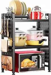 Glee2mixy Adjustable Microwave Stand,Microwave Oven Rack Shelf Heavy Duty 3-Tier Shelf with 9 Hooks for Kitchen Shelves Counter Top Organizer, Bakers Racks for Kitchens,with Cutting Boards Stand