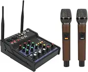 Bewinner Compact 4 Channel Studio Mixer, Wireless Bluetooth Stereo Mixer with 2 Wireless Microphones for Recording in The Home Studio