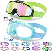 Vvinca 2pc Kids-Goggles with Elastic Fabric Strap, Wide View Anti Fog UV Shattered Lens Toddlers Swim Goggles 3-14