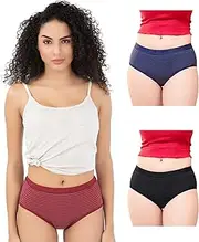 [TRYLO] Riza Yiking Dark Women's Briefs Full Hip Coverage Cotton Thick Fabric Hipster High Waist Solid Stripes 1" Elastic Panties Various Colors and Colors May Vary, 3