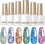 Glitter Gel Nail Polish Set | Pack of 6 Sparkly Gel Nail Polish | Long-Lasting Hand Manicure Supplies, Fingernail Color Builder for Manicure Salon at Home