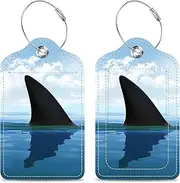 [MSEAANBK] Shark Fin Above Water Luggage Tags 2PCS PU Leather Suitcases Tag with Stainless Steel Loop and Privacy Name Address Cover Label Card for Women Men Travel