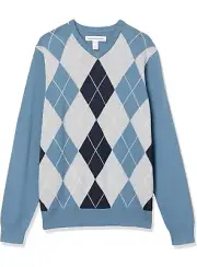 NWT Mens Amazon Essentials Blue White argyle plaid cotton v-neck sweater