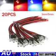 20PCS 3mm 5mm Pre-Wired LED Bulb Light Emitting Diode 20cm Cable Line DC 12V AU