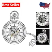 Stunning Stainless Steel Skeleton Pocket Watch for Gentlemen - 12 inch Chain