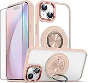 Asuwish Phone Case for iPhone 15 6.1 inch Clear Transparent TPU Cell Cover with Tempered Glass Screen Protector and Slim Magnetic Ring Holder Stand iPhone15 5G i i-Phone i15 15Case Women Girl Men Pink