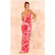 Pink Floral Print Sheer Chiffon Lace Up Back Maxi Dress, Pink