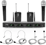 Pyle Wireless Microphone System, UHF Quad Channel Rack Mountable Set with 2 Handheld, 2 Lavalier, 2 Headset Mics, Body-Pack Transmitters, XLR Outputs, LED Indicators, Adjustable Volume