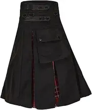 Idopy Men's Scottish Tartan Hybrid Utility Cargo Pockets Kilt Pleated Skirt with Adjustable Leather Straps