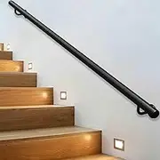 1FT-20FT Black Iron Handrail, Wall Mount Stair Rail, 440lbs Load Capacity, Non-Slip & Rust-Resistant Industrial Round Pipe Railing for Indoor Stairs, Outdoor Decks, Lofts and Porches(7ft/210cm)