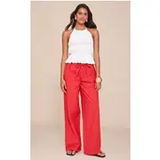 Tomato Red Linen Drawstring Waist Pants, Tomato Red