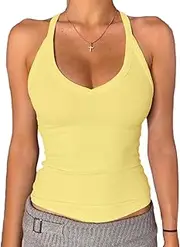 [Danysu] V Neck Racer Back Tank Top for Women Padded Ribbed Long Tank Fitted Basic Cami Tops, Pear Sorbet, XS