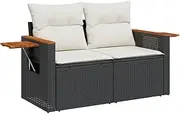 [vidaXL] Garden Sofa/Couch w Cushions - 2-Seater Black PE Rattan, Steel & Acacia Wood - Outdoor Patio/Deck Furniture - 124x62x69 cm with Storage & Side Table