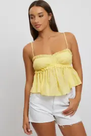 Yellow Cami Top Sleeveless Ruched Bust Broderie - Size 14L, Women's Top