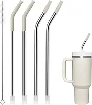Soledea 4Pcs Metal Reusable Straws for 40 oz Tumbler, Stainless Steel Long Drinking Straw with Colourful Silicone Tips,Straw for Glass Cups, Cleaning Brushes Included, BPA FREE