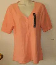 New Women Nicole Miller Solid Peach Short Sleeve Casual Work Top Size L NWT