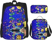 [StOlmx] 3 Pcs Set Travel Hiking Lightweight Adjustablebackpack, Insulated Lunch Bag, and Pencil Case Pouch,Sea Blue Marine Life Print, Sea Fishes, One Size