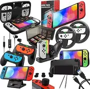 Orzly Accessories Bundle Compatible with Nintendo Switch Geek Pack: Case & Screen Protector, Joycon Grips & Racing Wheels, Controller Charge Dock, Comfort Grip Case & More - JetBlack