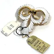 Vintage NOS Crown Trifari White Enamel Open Bow Pin Gold Tone Texture Tags 2"