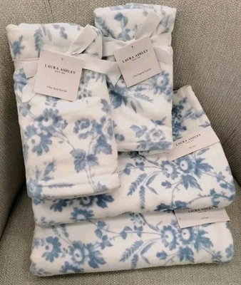 Laura Ashley 6 pc TOILE BLUE DELPHINE FLORAL BATH HAND TIP TOWELS velour NEW