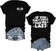 [CAZYCHILD] Racing Shirt for Women Checkered Flag Graphic Raceday Outfit Race Lover Casual Short Sleeve Funny Race Car Tee Tops