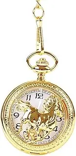 [QRDYL] Pocket Watch,Retro, Large Hollow Horse Pentium Pocket Watch White Face Black Classic Pocket Watch Premium Gold Color for Men Women