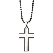 Stainless Steel Chisel Polished Black Ip-Plated Edges With Cz Cross Pendant On A 30 Inch Ball Chain Necklace