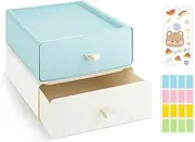 2 Pcs Desktop Storage Organizer with Drawers, Stackable Desk Storage Box with Label and Sticker, Plastic Drawer Organizer for Office School Bedroom Stationery Makeup Jewelry (Light Blue-White)