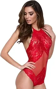 [JINZIJINYU] Sexy Bodysuit Crotchless Sexy Red Halter Neck Mesh Bodysuit