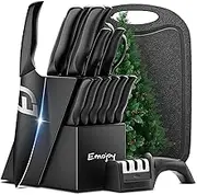 Emojoy 16 Piece Kitchen Knife Set, Black, with Professional 3 Stage Sharpener and Cutting Board, Stainless Steel Kitchen Knives Black 16 Pieces