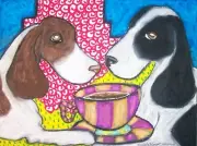 ENGLISH SPRINGER SPANIEL Drinking Coffee Dog Art 8.5 x 11 Signed Print KSams