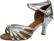 [WOFASHPURET] Fashion Lady Latin Dance Shoes Satin High Heels Open Toe Size 39 Snakeskin Grain Easy On/Silver