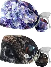 [YTYVAGT] 2-Pc,Nurse Scrub Caps,Scrub Hats with Buttons and Cotton Sweatband,Flower Abstract Flower