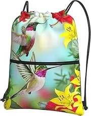 EdWal Hummingbirds Red Flower Hibiscus Print Drawstring Backpack Gym Bags Sports Bags With Zipper Pocket For Travel Beach, Black, One Size