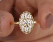 Vintage Inspired Oval Shaped Moissanite Mosaic Cluster Ring For Engagement