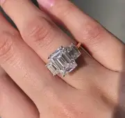 Emerald Cut Moissanite Wedding Ring Three Stone in 14k Yellow Gold For Women's