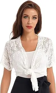 [TiaoBug] Womens Hollow Out Lace Short Sleeve Front Tie Up Shrug Bolero Stretch Cropped Top Cardigan