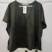 Marie Oliver NWT Olive Green Faux Suede Boxy Top V-neck Medium Split Side