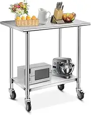 Giantex 90 x 60 cm Stainless Steel Workbench, Prep Work Table, Adjustable Bottom Shelf, Commercial-Grade Scratch-Resistant Table Top, Lockable Wheels, Utility Storage Desk for Kitchen Restaurant