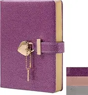 Heart Lock Journal Notebook with Key, Glitter Purple PU Leather Diary B6 Journal for Writing, 144 Sheets Lined Paper for Girls, Women
