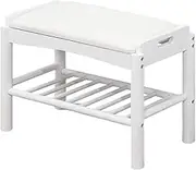 2-Tier Small Shoe Rack, PU Leather Upholstered, Shoe Rack with Seat, Entryway Shoe Bench with Storage, for Hallway, Bathroom, Laundry Room, Bedroom Shoe Rack(White,40 * 30 * 42cm)