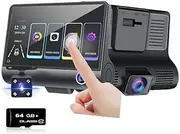 4" Touchscreen 3 in 1 LCD HD DashCam 2 Front 1 Rear Lens 1080P HDR Dual Parking Dash Cam Car Van Security Camera 170 Wide Angle Night Vision Motion Detection G-Sensor DVR Recorder Loop Recording 64GB