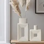 [LZV] White Ceramic Vase Set of 2,Square Vase Rustic Home Decor Minimalist Nordic Boho Style for Living Room, Shelf, Table, Bookshelf, Mantel and Entryway Decor Vases