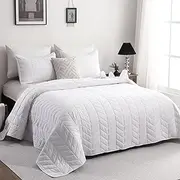 DOWNCOOL White Queen Quilt Bedding Set, 3 Pieces Leaf Texture Pattern Lightweight Bedspread Coverlet, All Season Ultra Soft Queen Size Quilt (90"x96"& 2 Pillow Shams