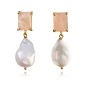 Culturesse Carlotta 24K Gold Plated Drop Earrings Rose Quartz Crystal Pearls