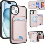 for iPhone 14 Plus 15 Plus MagSafe Case Magnetic Wallet Detachable Card Holders PU Leather Stand Flip Phone Cover SunYoo Case Coque ケース Mag Safe Charge for iPhone 15 Plus 14Plus Pink