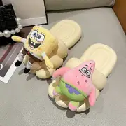Slippers female summer outside wear 2023 models spongebob cute big feet flat bottom sandals soft bottom slippers Yellow(38-39) Style 1