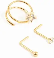 [Lovisa] Gold Plated Surgical Steel Mini Cubic Zirconia Flower Nose Stud & Ring 3-Pack | Premium PVD Gold-Plating | Hypoallergenic